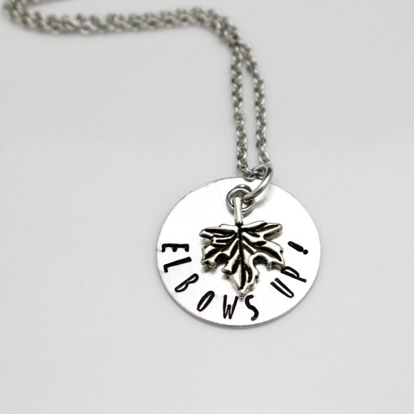 Elbows Up! Maple Leaf Hand Stamped Pendant Necklace - Handmade & Hypoallergenic - Picture 7 of 11